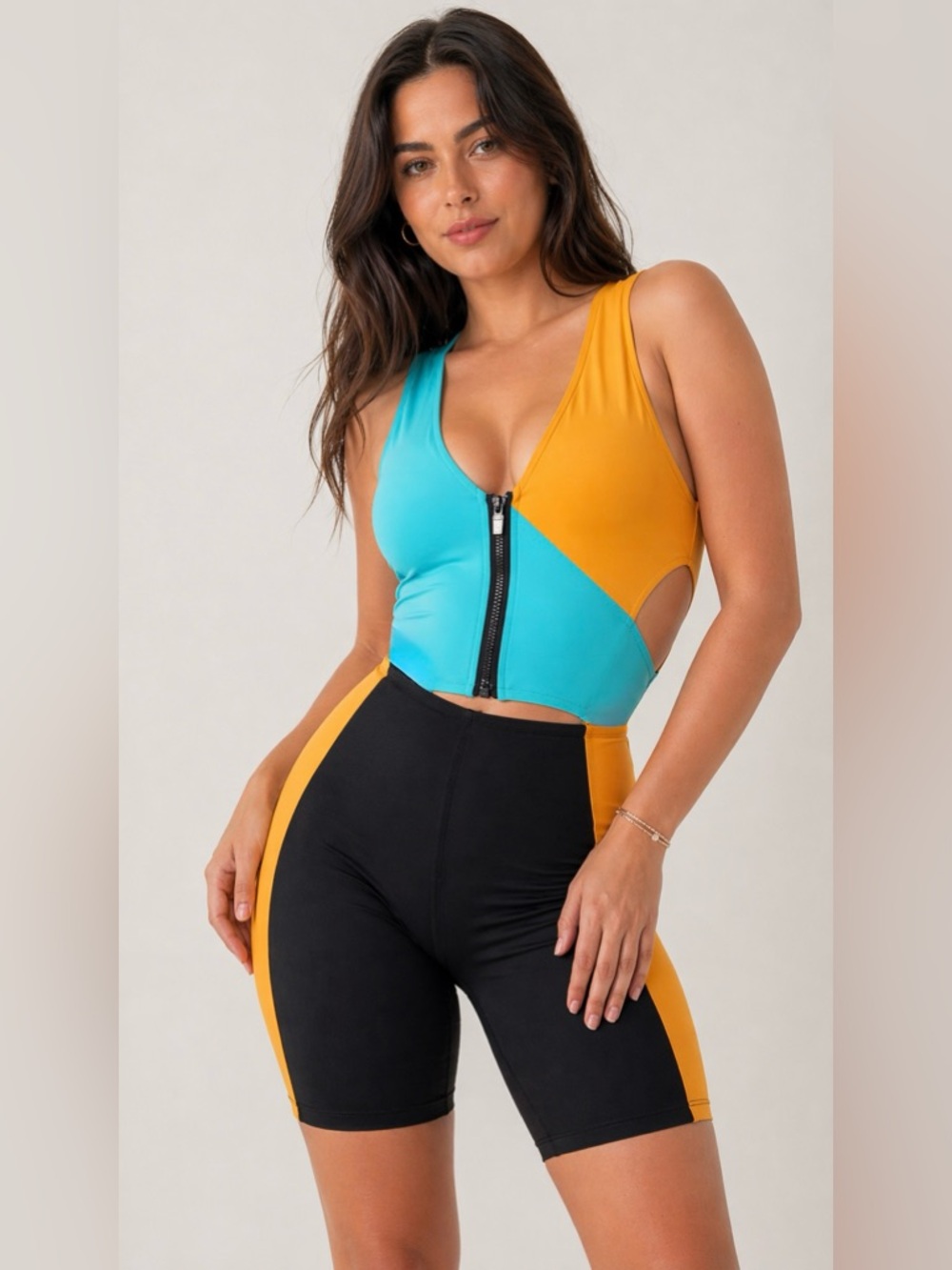 Outdoor Voices Turquoise and Yellow Splashknit Activewear One Piece Romper